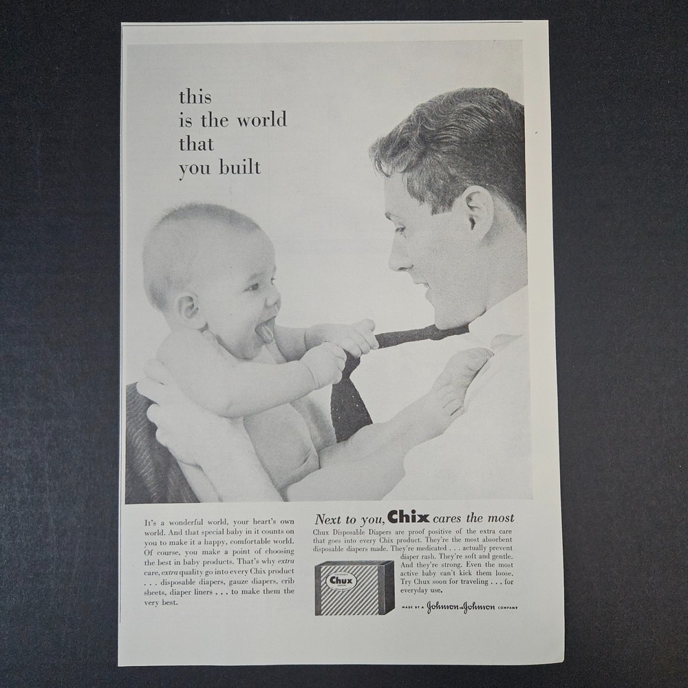 1958 Johnson Chux Disposable Diapers Chix Vintage Print Ad Baby Pulling Dads Tie